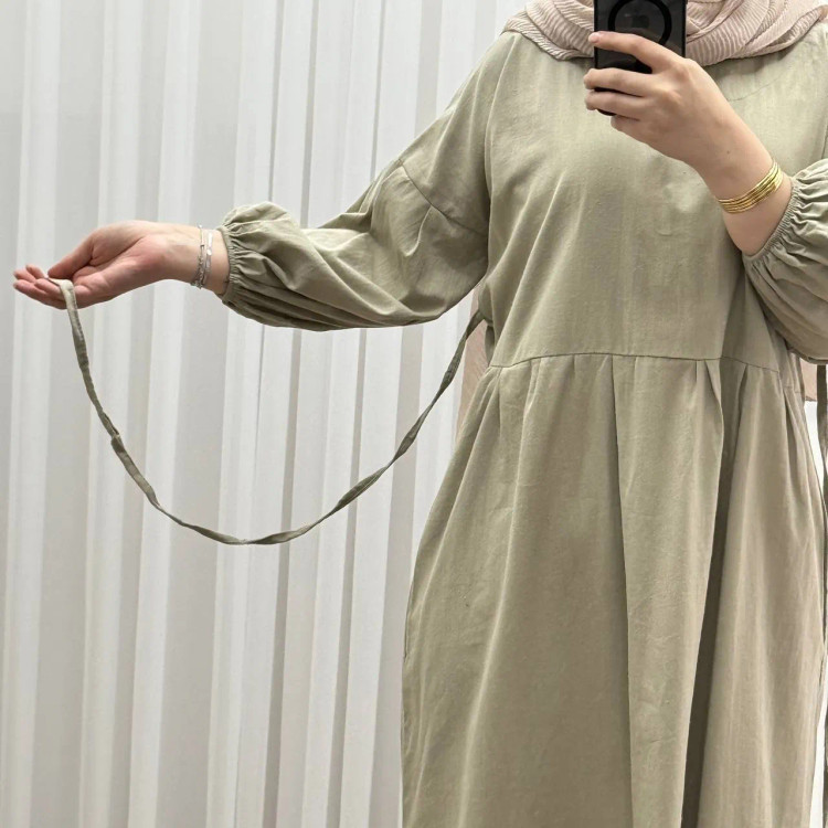 پیراهن لنین زنانه مدل بازار فری سایز مناسب تا 52 همراه با کمربند
