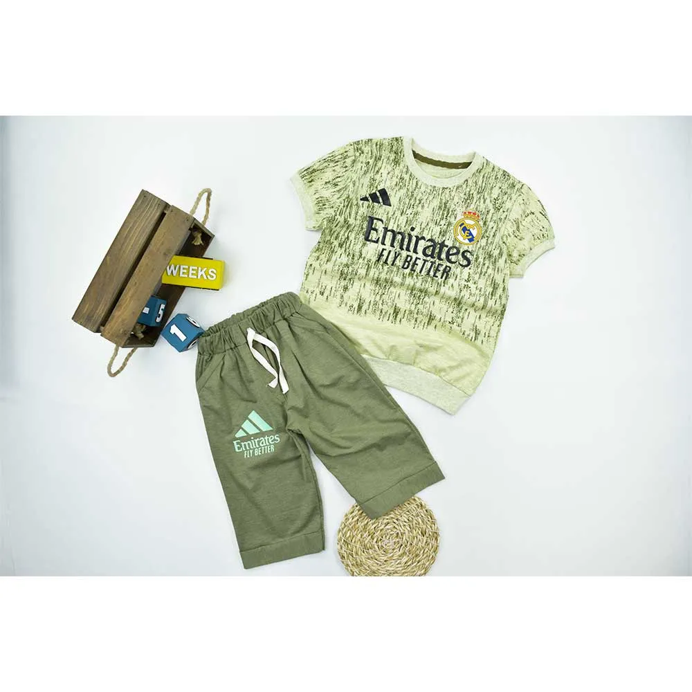 ست تیشرت و شلوارک پسرانه طرح رئال مادرید جنس پنبه ملانج