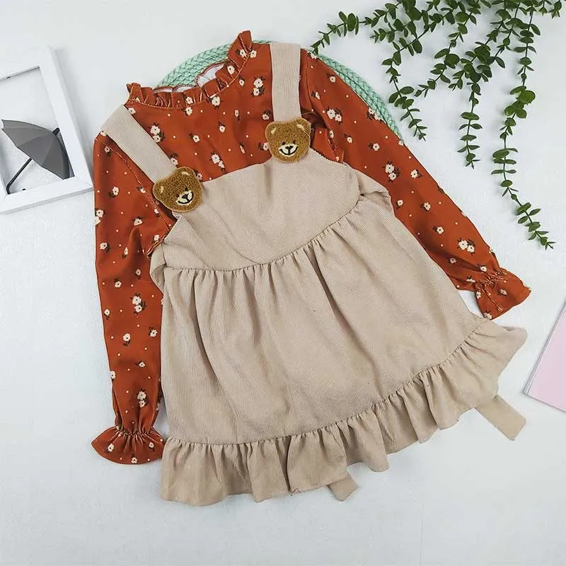 ست بلوز و سارافون دخترانه مخمل کبریتی طرح خرسی
