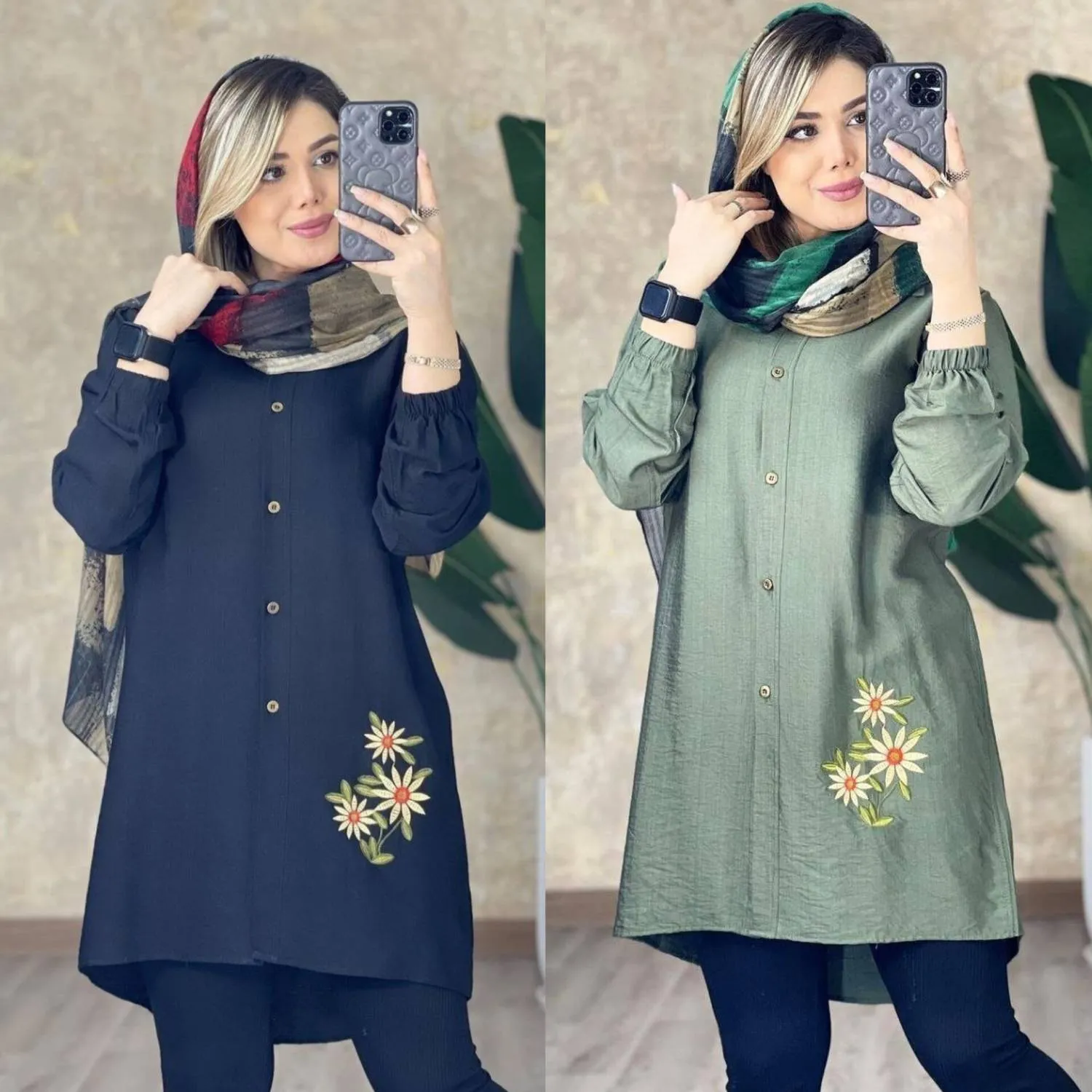 شومیز مانتویی گلدوزی شده طرح سه گل بابونه جنس شانتون
