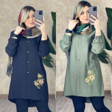 شومیز مانتویی گلدوزی شده طرح سه گل بابونه جنس شانتون